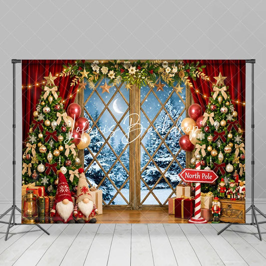 Lofaris Festive Christmas Tree and Snowy Window Holiday Backdrop Winter Wonderland Decor with Gnomes North Pole Sign