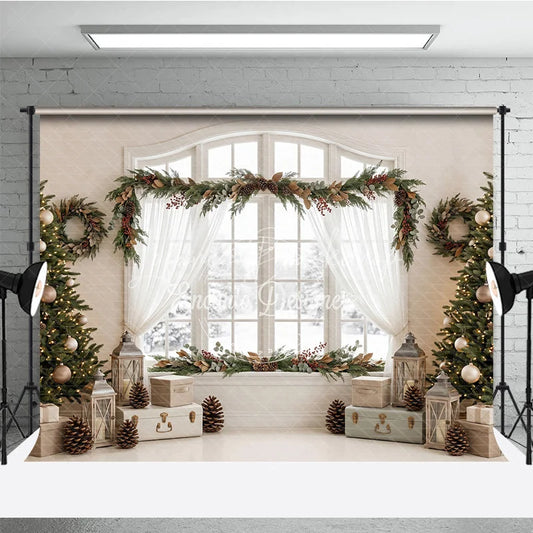 Lofaris Festive Christmas Trees and Garland Holiday Backdrop Elegant Winter Window Scene with Pinecones Berries