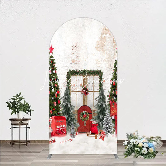Lofaris Festive Christmas Trees and Red Door Round Top Arch Backdrop Winter Holiday Celebration Photography Decor