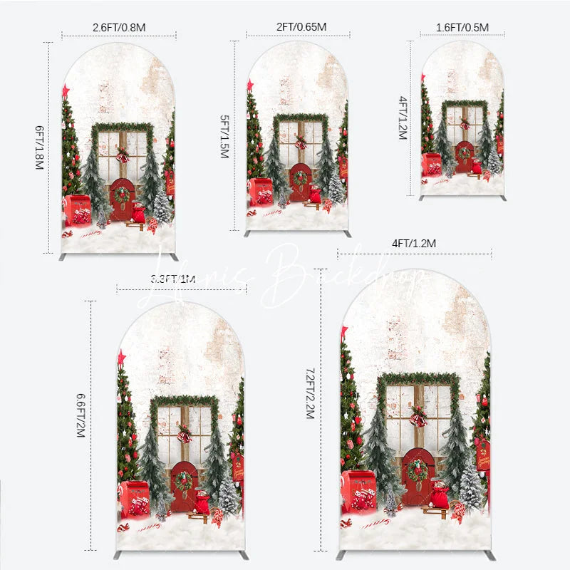 Lofaris Festive Christmas Trees and Red Door Round Top Arch Backdrop Winter Holiday Celebration Photography Decor