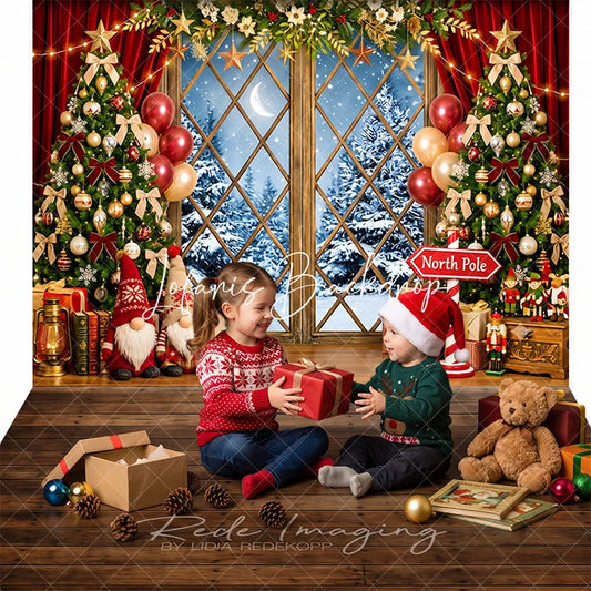Lofaris Festive Christmas Trees and Snowy Window Combo Set Backdrop with Gnomes Gifts Balloons for Holiday Decor