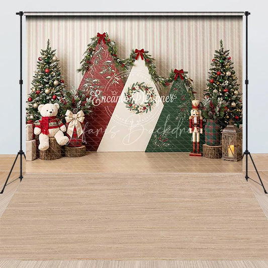 Lofaris Festive Christmas Trees and Triangular Panels Combo Set Backdrop with Teddy Bear Nutcracker Holiday Decor