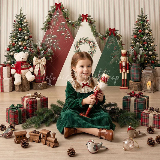 Lofaris Festive Christmas Trees and Triangular Panels Combo Set Backdrop with Teddy Bear Nutcracker Holiday Decor
