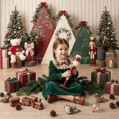Lofaris Festive Christmas Trees and Triangular Panels Combo Set Backdrop with Teddy Bear Nutcracker Holiday Decor