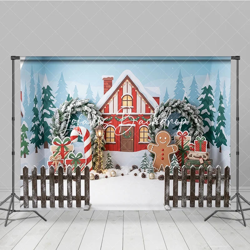 Lofaris Festive Christmas Winter Village Red House Photography Backdrop Gingerbread Man Candy Cane and Gift Decor