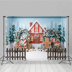 Lofaris Festive Christmas Winter Village Red House Photography Backdrop Gingerbread Man Candy Cane and Gift Decor