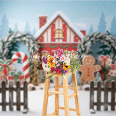 Lofaris Festive Christmas Winter Village Red House Photography Backdrop Gingerbread Man Candy Cane and Gift Decor