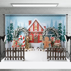 Lofaris Festive Christmas Winter Village Red House Photography Backdrop Gingerbread Man Candy Cane and Gift Decor