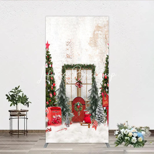 Lofaris Festive Christmas Winter Wonderland Rectangle Arch Backdrop with Decorated Trees Red Door and Snow