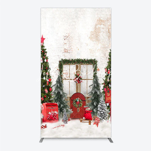 Lofaris Festive Christmas Winter Wonderland Rectangle Arch Backdrop with Decorated Trees Red Door and Snow
