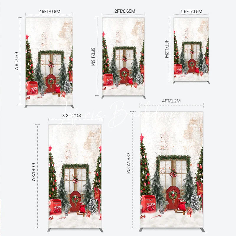 Lofaris Festive Christmas Winter Wonderland Rectangle Arch Backdrop with Decorated Trees Red Door and Snow