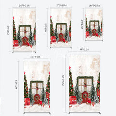 Lofaris Festive Christmas Winter Wonderland Rectangle Arch Backdrop with Decorated Trees Red Door and Snow