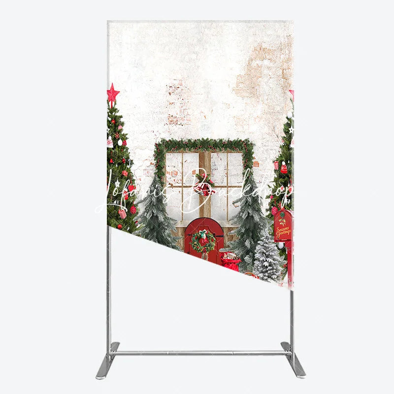 Lofaris Festive Christmas Winter Wonderland Rectangle Arch Backdrop with Decorated Trees Red Door and Snow
