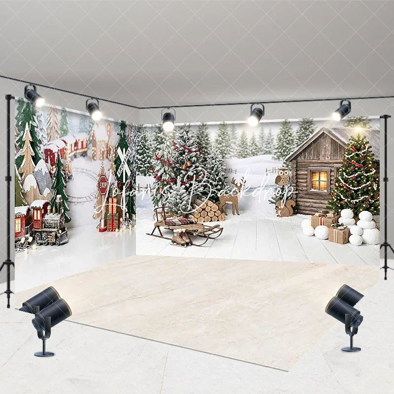 Lofaris Festive Christmas Winter Wonderland Room Set Backdrop Cozy Snowy Pine Trees Rustic Cabin and Train Scene Decor