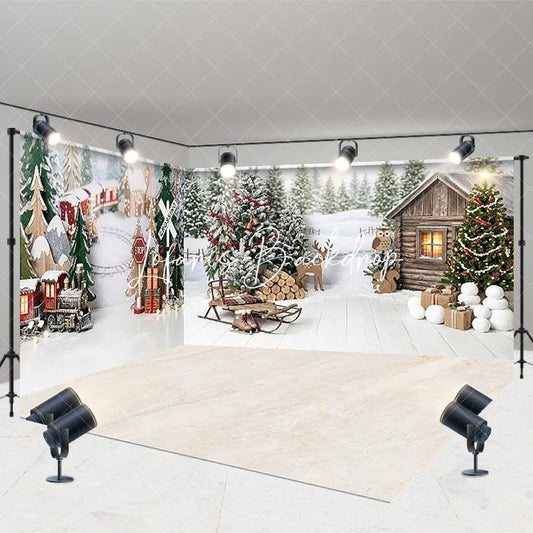 Lofaris Festive Christmas Winter Wonderland Room Set Backdrop Cozy Snowy Pine Trees Rustic Cabin and Train Scene Decor