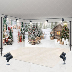 Lofaris Festive Christmas Winter Wonderland Room Set Backdrop Cozy Snowy Pine Trees Rustic Cabin and Train Scene Decor
