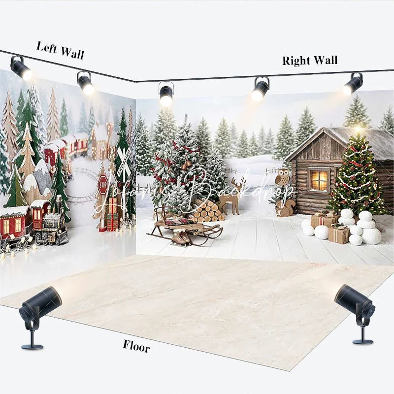 Lofaris Festive Christmas Winter Wonderland Room Set Backdrop Cozy Snowy Pine Trees Rustic Cabin and Train Scene Decor