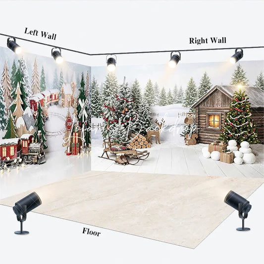 Lofaris Festive Christmas Winter Wonderland Room Set Backdrop Cozy Snowy Pine Trees Rustic Cabin and Train Scene Decor