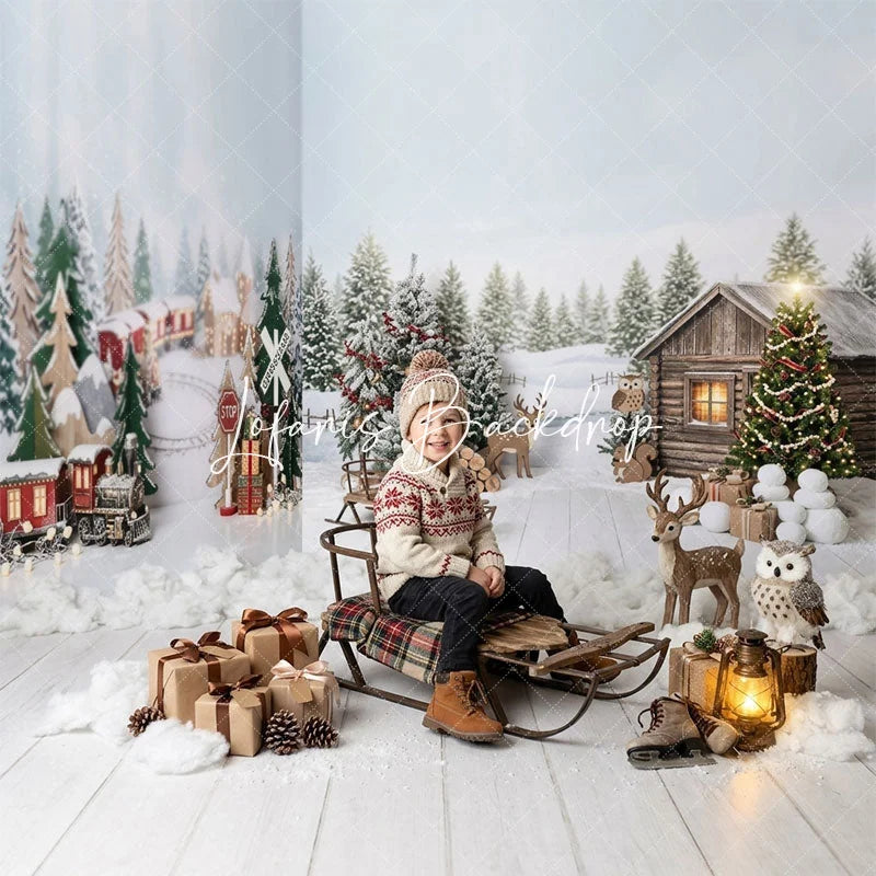 Lofaris Festive Christmas Winter Wonderland Room Set Backdrop Cozy Snowy Pine Trees Rustic Cabin and Train Scene Decor