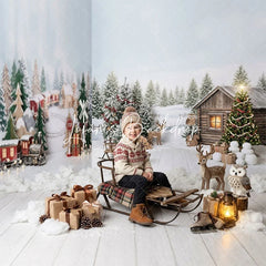Lofaris Festive Christmas Winter Wonderland Room Set Backdrop Cozy Snowy Pine Trees Rustic Cabin and Train Scene Decor