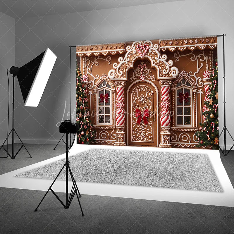 Lofaris Festive Gingerbread House Christmas Holiday Backdrop with White Icing Candy Canes and Decorated Trees