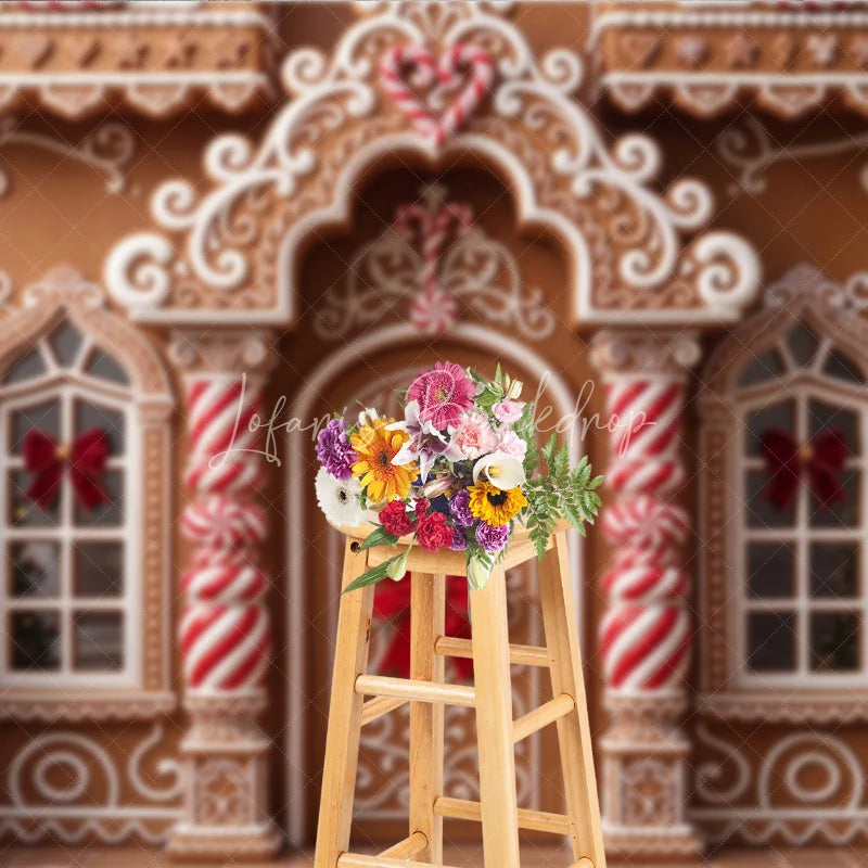 Lofaris Festive Gingerbread House Christmas Holiday Backdrop with White Icing Candy Canes and Decorated Trees