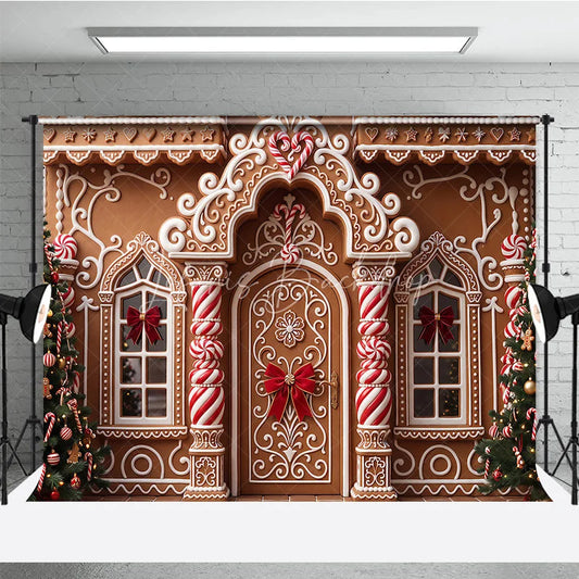 Lofaris Festive Gingerbread House Christmas Holiday Backdrop with White Icing Candy Canes and Decorated Trees
