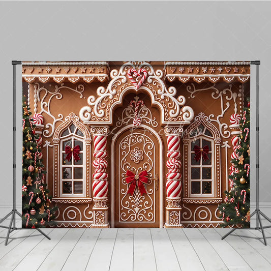 Lofaris Festive Gingerbread House Christmas Holiday Backdrop with White Icing Candy Canes and Decorated Trees