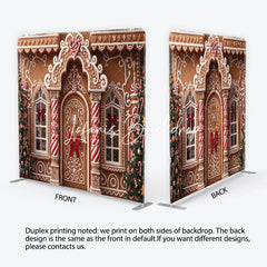 Lofaris Festive Gingerbread House Facade with Christmas Trees and Candy Canes square double-sided backdrop Holiday Party Decor
