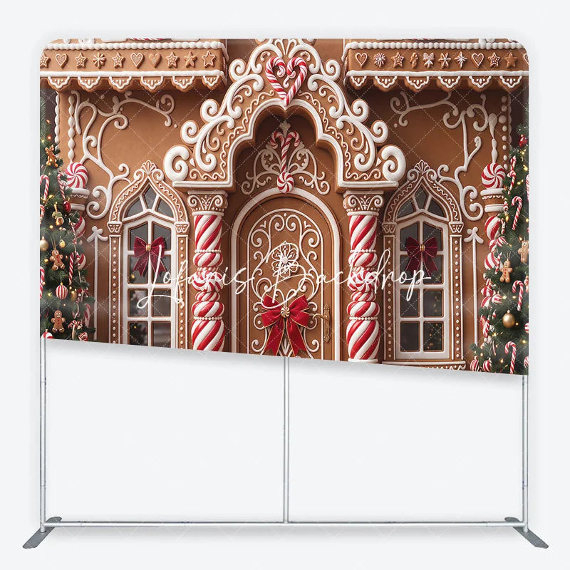 Lofaris Festive Gingerbread House Facade with Christmas Trees and Candy Canes square double-sided backdrop Holiday Party Decor
