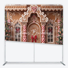 Lofaris Festive Gingerbread House Facade with Christmas Trees and Candy Canes square double-sided backdrop Holiday Party Decor