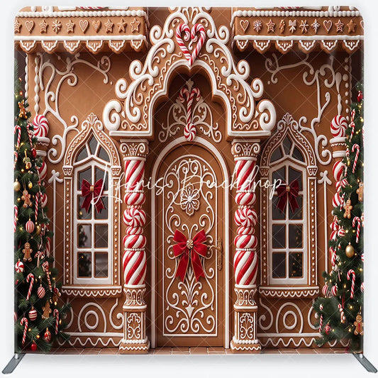 Lofaris Festive Gingerbread House Facade with Christmas Trees and Candy Canes square double-sided backdrop Holiday Party Decor