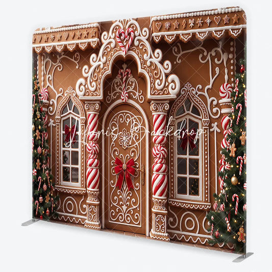 Lofaris Festive Gingerbread House Facade with Christmas Trees and Candy Canes square double-sided backdrop Holiday Party Decor