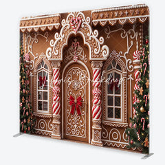 Lofaris Festive Gingerbread House Facade with Christmas Trees and Candy Canes square double-sided backdrop Holiday Party Decor