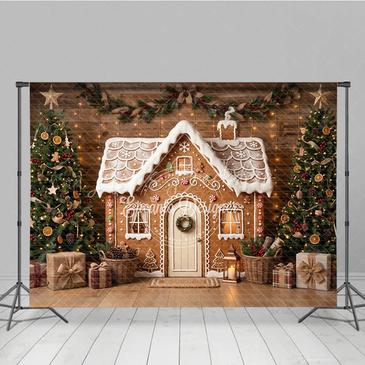 Lofaris Festive Gingerbread House Holiday Backdrop Decorated Christmas Trees with Rustic Wood Wall and Gifts