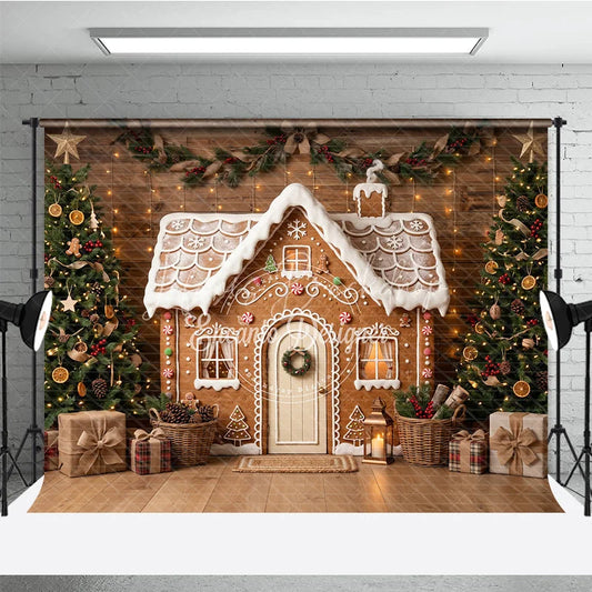 Lofaris Festive Gingerbread House Holiday Backdrop Decorated Christmas Trees with Rustic Wood Wall and Gifts
