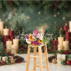 Lofaris Festive Green and Red Christmas Holiday Backdrop featuring Lit Candles Pine Branches Golden Stars Gift Boxes