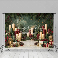 Lofaris Festive Green and Red Christmas Holiday Backdrop featuring Lit Candles Pine Branches Golden Stars Gift Boxes