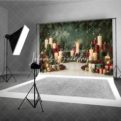 Lofaris Festive Green and Red Christmas Holiday Backdrop featuring Lit Candles Pine Branches Golden Stars Gift Boxes
