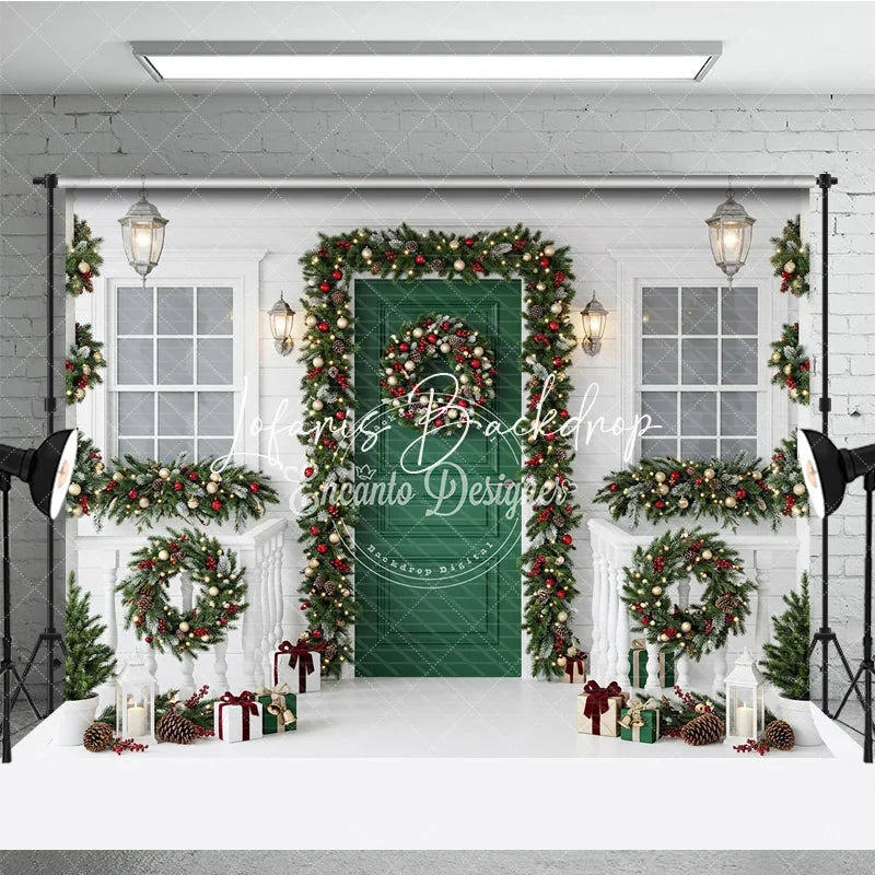 Lofaris Festive Green Door Christmas Holiday Backdrop with White Porch Elegant Garlands and Wreaths Decor