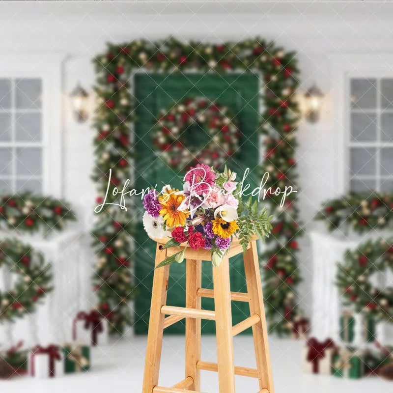 Lofaris Festive Green Door White Porch Christmas Backdrop with Garlands Wreaths and String Lights Winter Celebration Decor