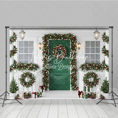 Lofaris Festive Green Door White Porch Christmas Backdrop with Garlands Wreaths and String Lights Winter Celebration Decor