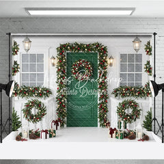 Lofaris Festive Green Door White Porch Christmas Backdrop with Garlands Wreaths and String Lights Winter Celebration Decor