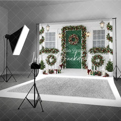 Lofaris Festive Green Door White Porch Christmas Backdrop with Garlands Wreaths and String Lights Winter Celebration Decor