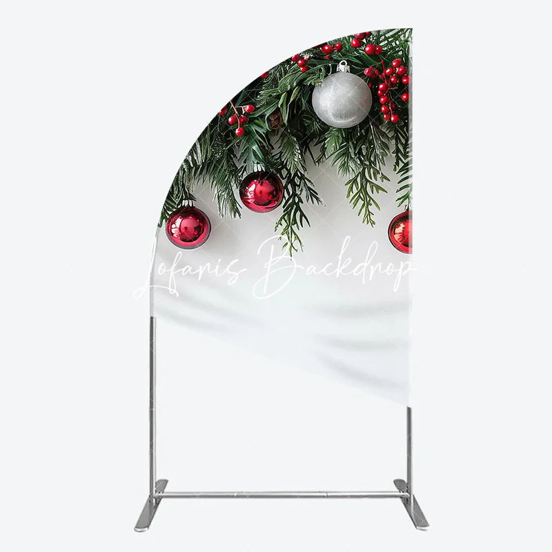 Lofaris Festive Green Pine Red Berry Christmas Half Moon Arch Backdrop Elegant and Silver Ornament Holiday Decor