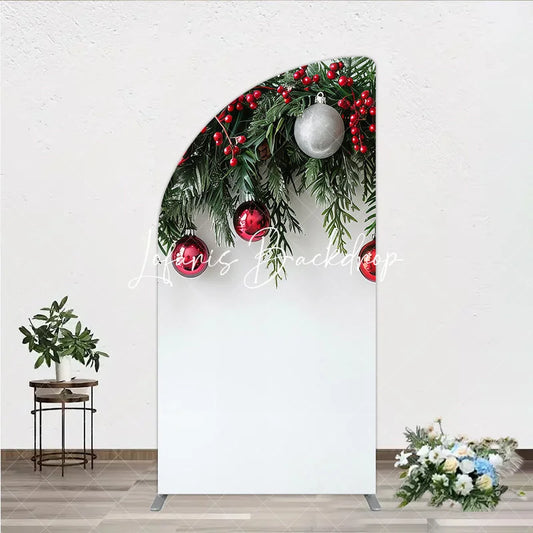 Lofaris Festive Green Pine Red Berry Christmas Half Moon Arch Backdrop Elegant and Silver Ornament Holiday Decor