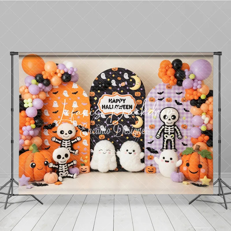 Lofaris Festive Halloween Arched Photography Backdrop with Cute Ghosts Skeletons and Pumpkins Orange Purple Balloons