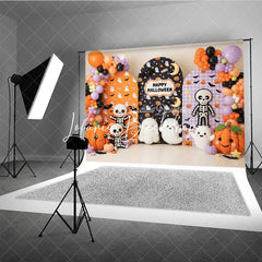 Lofaris Festive Halloween Arched Photography Backdrop with Cute Ghosts Skeletons and Pumpkins Orange Purple Balloons