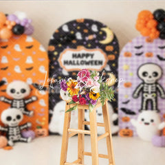 Lofaris Festive Halloween Arched Photography Backdrop with Cute Ghosts Skeletons and Pumpkins Orange Purple Balloons