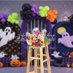 Lofaris Festive Halloween Photography Backdrop featuring Spooky Ghosts Jack-o’-Lanterns and Colorful Balloon Arches